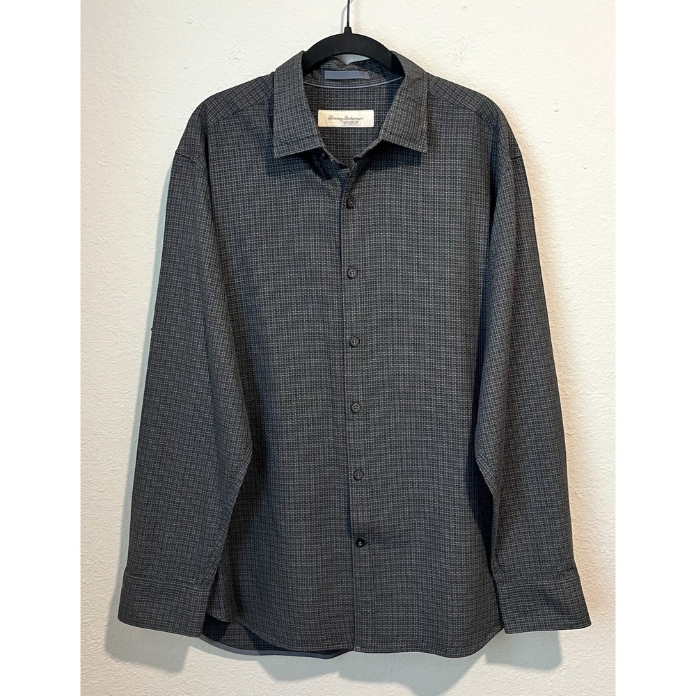Tommy Bahama Button Down Shirt Mens L Charcoal Gray Cotton Silk Blend Long Slv